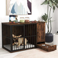 47.5 inch Dog Crate Furniture with Hidden Pull-out Bowls in Drawer for Small and Medium Dogs-Rustic Brown - Rustic