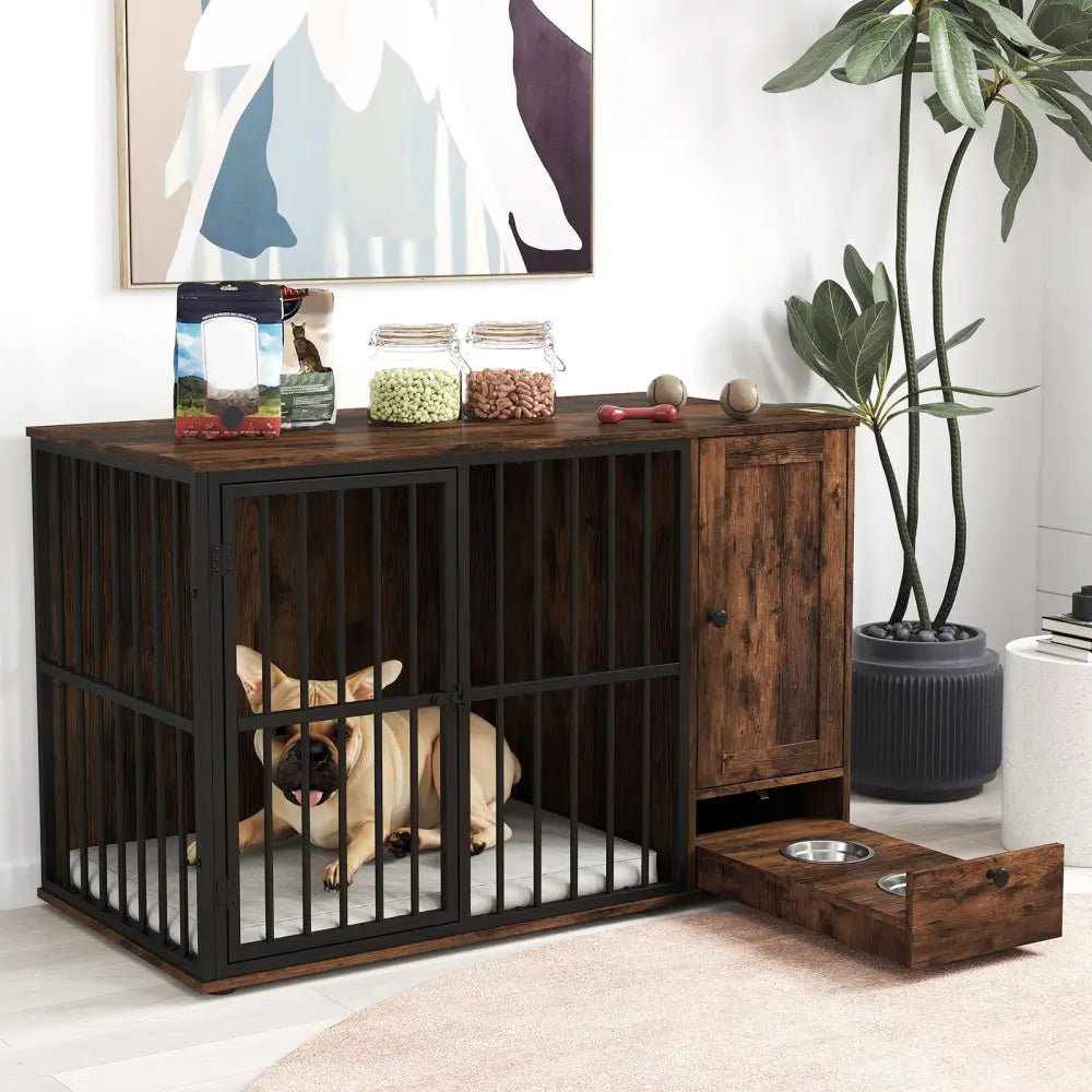 47.5 inch Dog Crate Furniture with Hidden Pull-out Bowls in Drawer for Small and Medium Dogs-Rustic Brown - Rustic