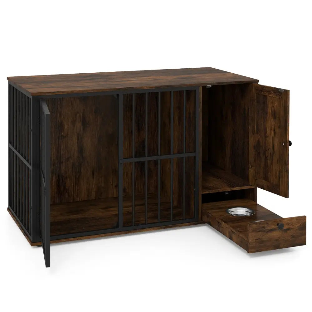 47.5 inch Dog Crate Furniture with Hidden Pull-out Bowls in Drawer for Small and Medium Dogs-Rustic Brown - Rustic
