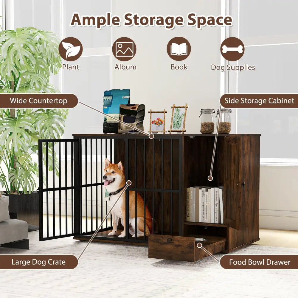 47.5 inch Dog Crate Furniture with Hidden Pull-out Bowls in Drawer for Small and Medium Dogs-Rustic Brown - Rustic