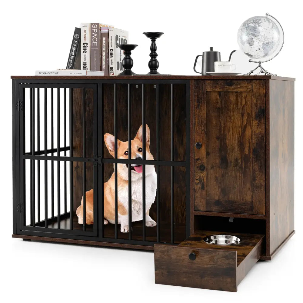 47.5 inch Dog Crate Furniture with Hidden Pull-out Bowls in Drawer for Small and Medium Dogs-Rustic Brown - Rustic