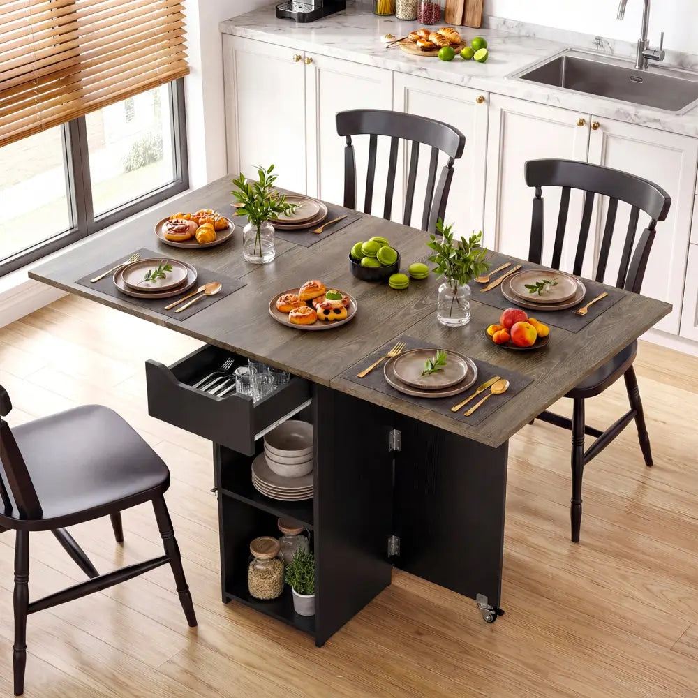 47.5 Inch Farmhouse Extendable Wooden Dinner Table with Lockable Wheels-Oak - Oak - Dining Tables