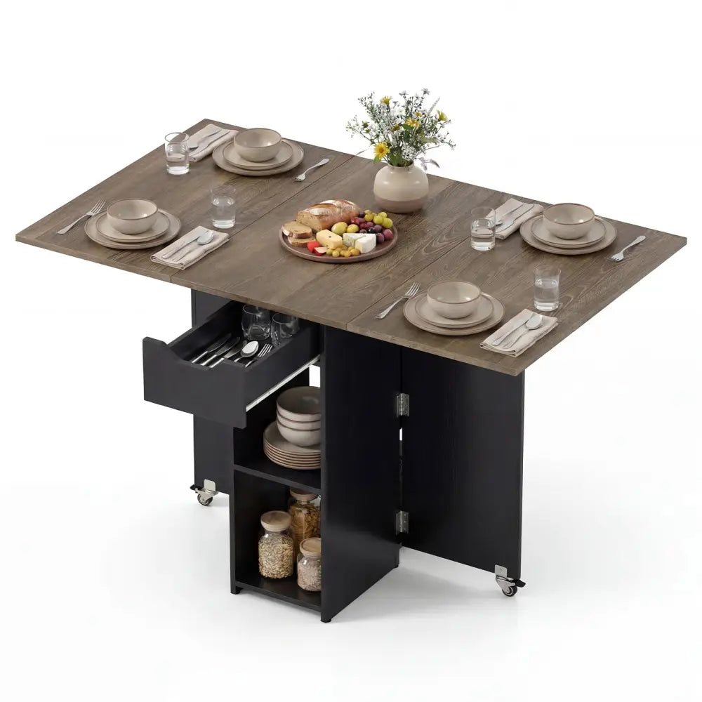 47.5 Inch Farmhouse Extendable Wooden Dinner Table with Lockable Wheels-Oak - Oak - Dining Tables