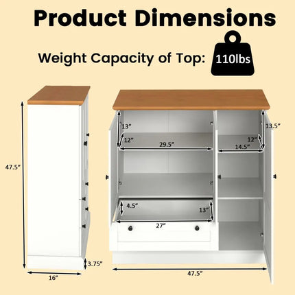 47.5 Inch Kitchen Freestanding Storage Cabinet with 3 Doors and 2 Large Drawers-White Costway