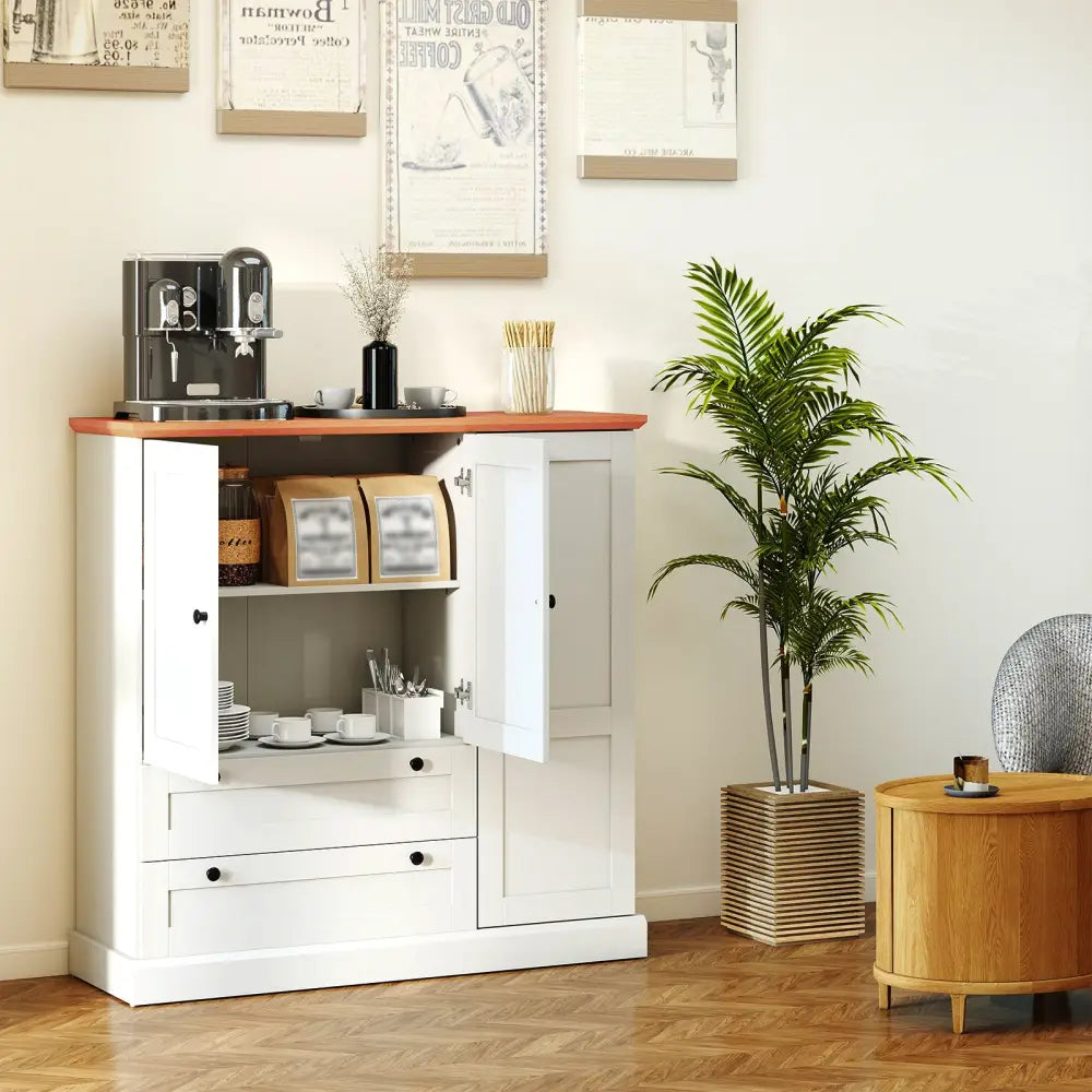47.5 Inch Kitchen Freestanding Storage Cabinet with 3 Doors and 2 Large Drawers-White - White - Sideboards Cabinets &