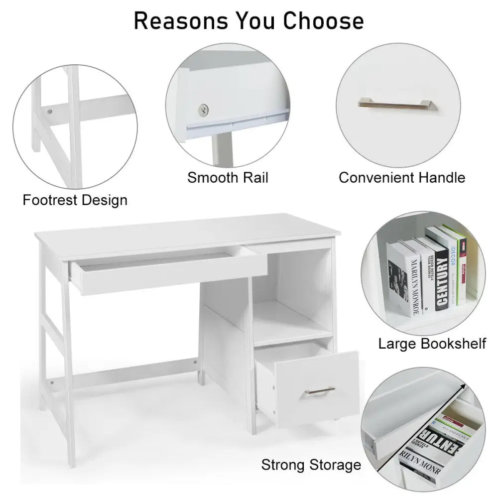 47.5 Inch Modern Home Computer Desk with 2 Storage Drawers-White - White - Writing Desks