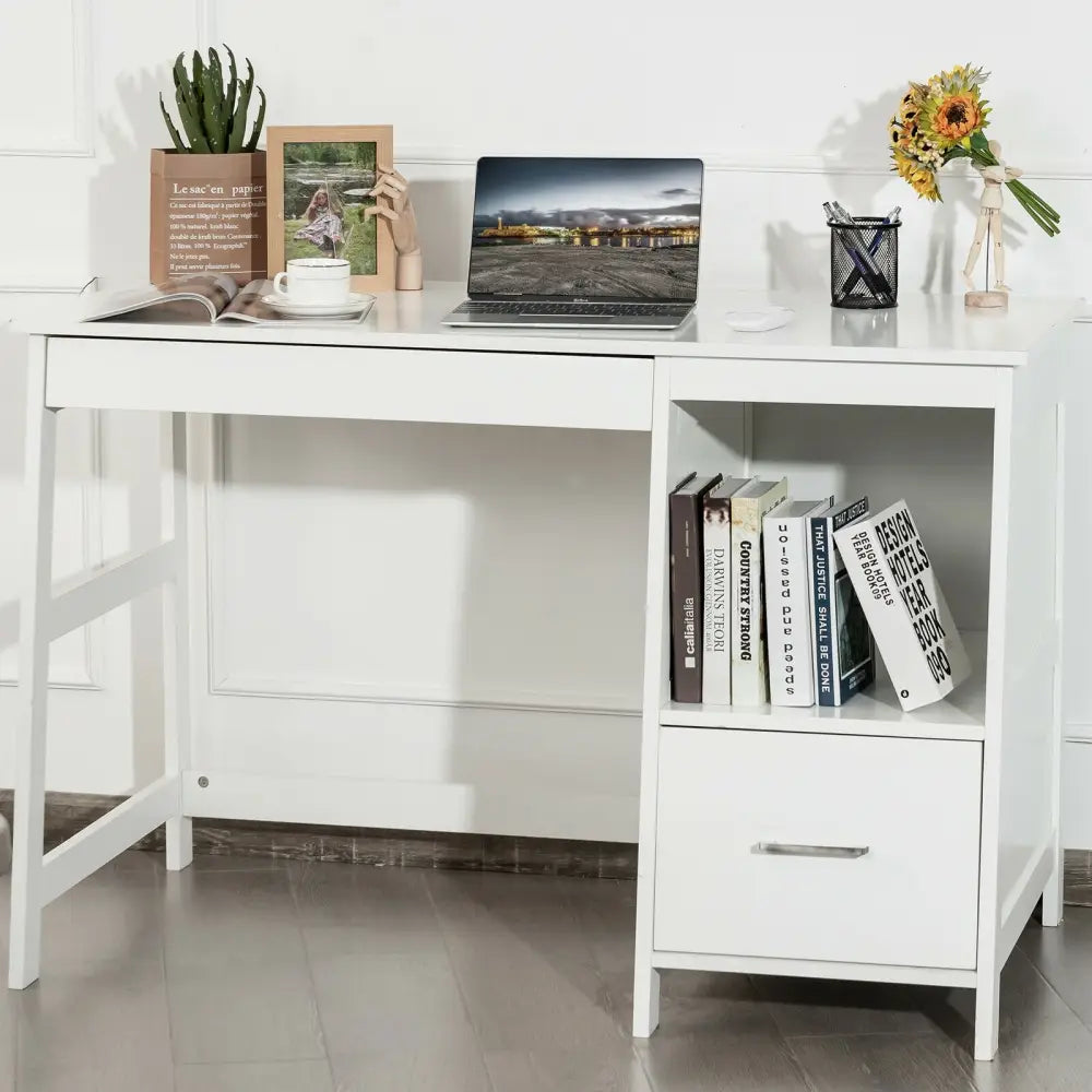 47.5 Inch Modern Home Computer Desk with 2 Storage Drawers-White - White - Writing Desks