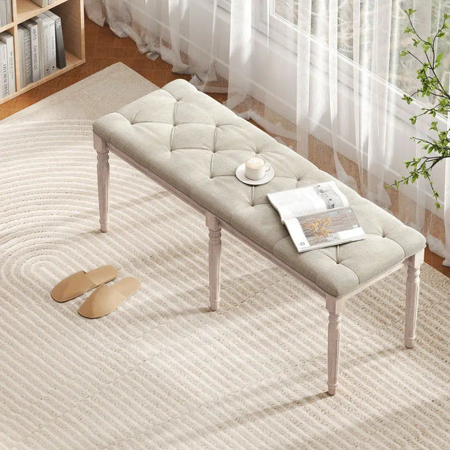 47.5 Inch Upholstered Bench with Carved Rubber Wood Legs and Padded Seat-Beige - Beige - Shoe Racks & Storage Benches