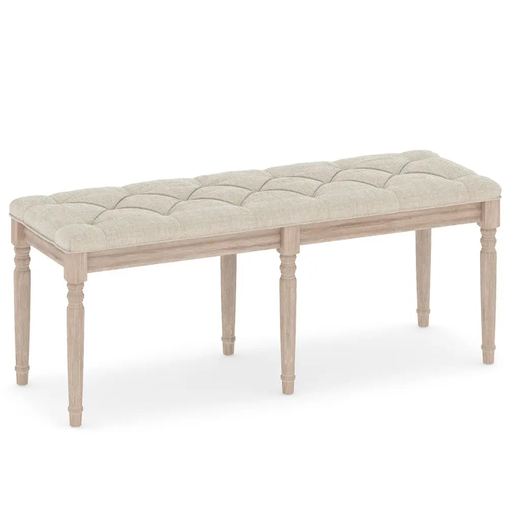 47.5 Inch Upholstered Bench with Carved Rubber Wood Legs and Padded Seat-Beige - Beige - Shoe Racks & Storage Benches
