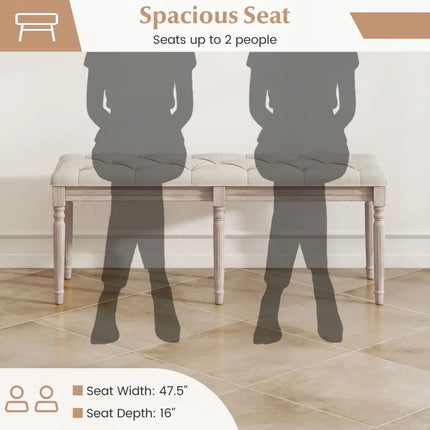 47.5 Inch Upholstered Bench with Carved Rubber Wood Legs and Padded Seat-Beige - Beige - Shoe Racks & Storage Benches