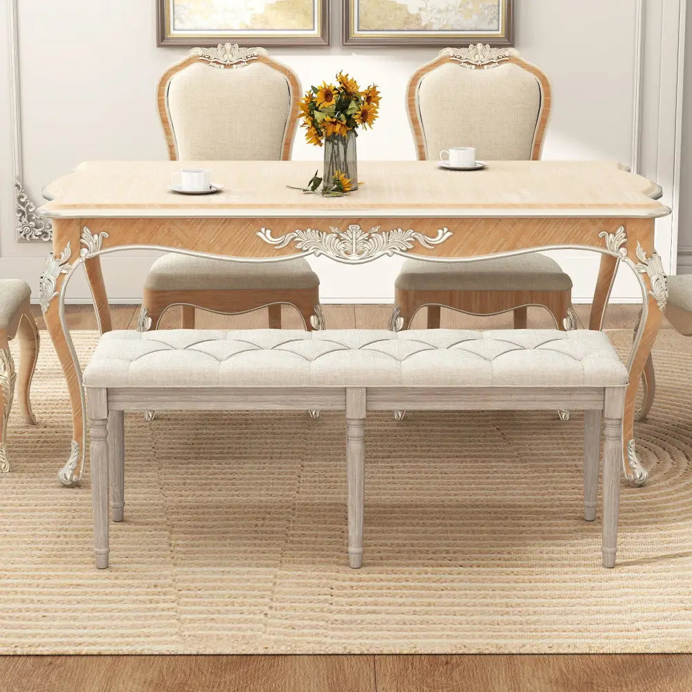 47.5 Inch Upholstered Bench with Carved Rubber Wood Legs and Padded Seat-Beige - Beige - Shoe Racks & Storage Benches