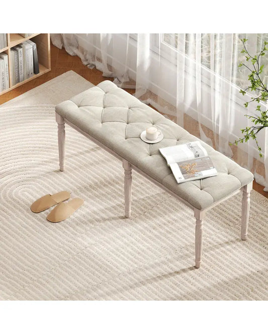 47.5 Inch Upholstered Bench with Carved Rubber Wood Legs and Padded Seat-Beige - Beige - Shoe Racks & Storage Benches