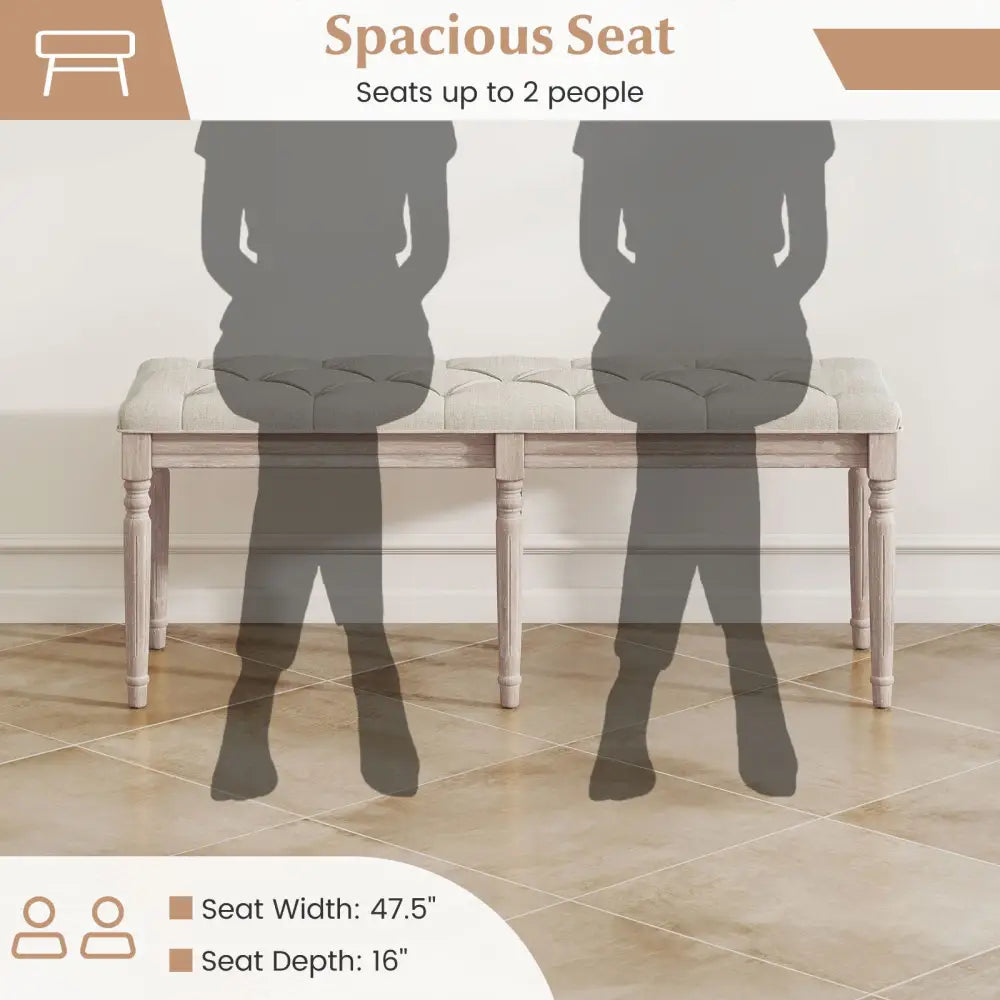 47.5 Inch Upholstered Bench with Carved Rubber Wood Legs and Padded Seat-Beige - Beige - Shoe Racks & Storage Benches