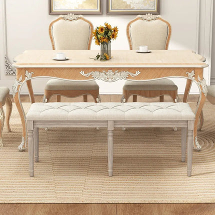 47.5 Inch Upholstered Bench with Carved Rubber Wood Legs and Padded Seat-Beige - Beige - Shoe Racks & Storage Benches