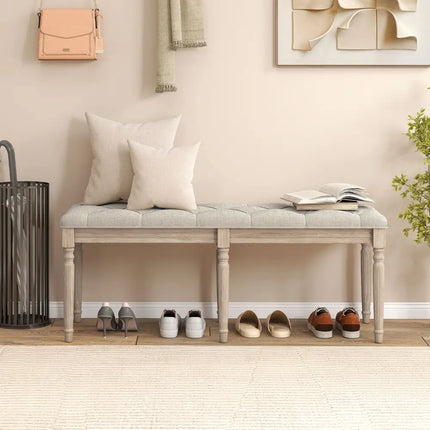 47.5 Inch Upholstered Bench with Carved Rubber Wood Legs and Padded Seat-Beige - Beige - Shoe Racks & Storage Benches