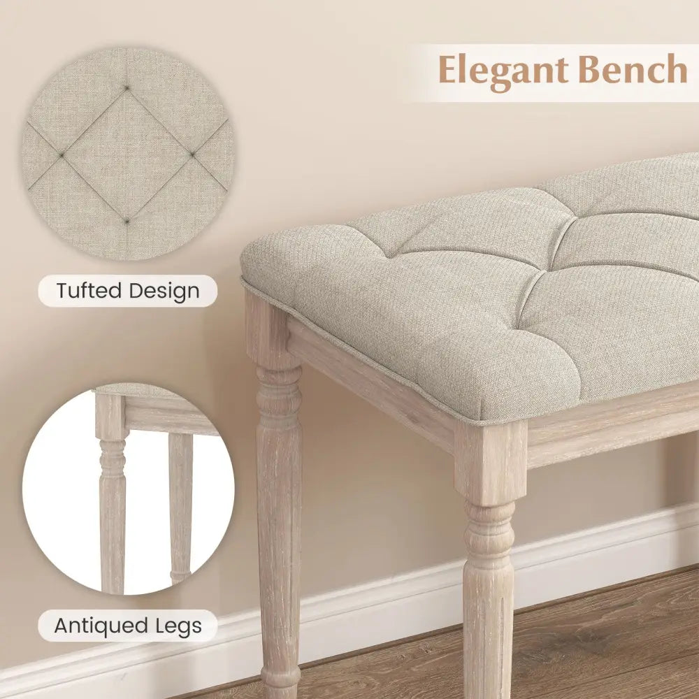 47.5 Inch Upholstered Bench with Carved Rubber Wood Legs and Padded Seat-Beige - Beige - Shoe Racks & Storage Benches