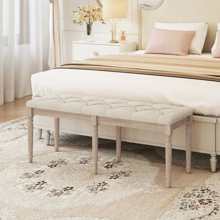 47.5 Inch Upholstered Bench with Carved Rubber Wood Legs and Padded Seat-Beige - Beige - Shoe Racks & Storage Benches
