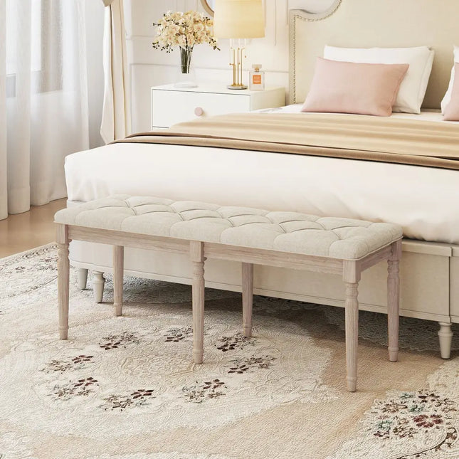 47.5 Inch Upholstered Bench with Carved Rubber Wood Legs and Padded Seat-Beige - Beige - Shoe Racks & Storage Benches