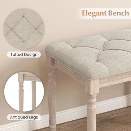 47.5 Inch Upholstered Bench with Carved Rubber Wood Legs and Padded Seat-Beige - Beige - Shoe Racks & Storage Benches