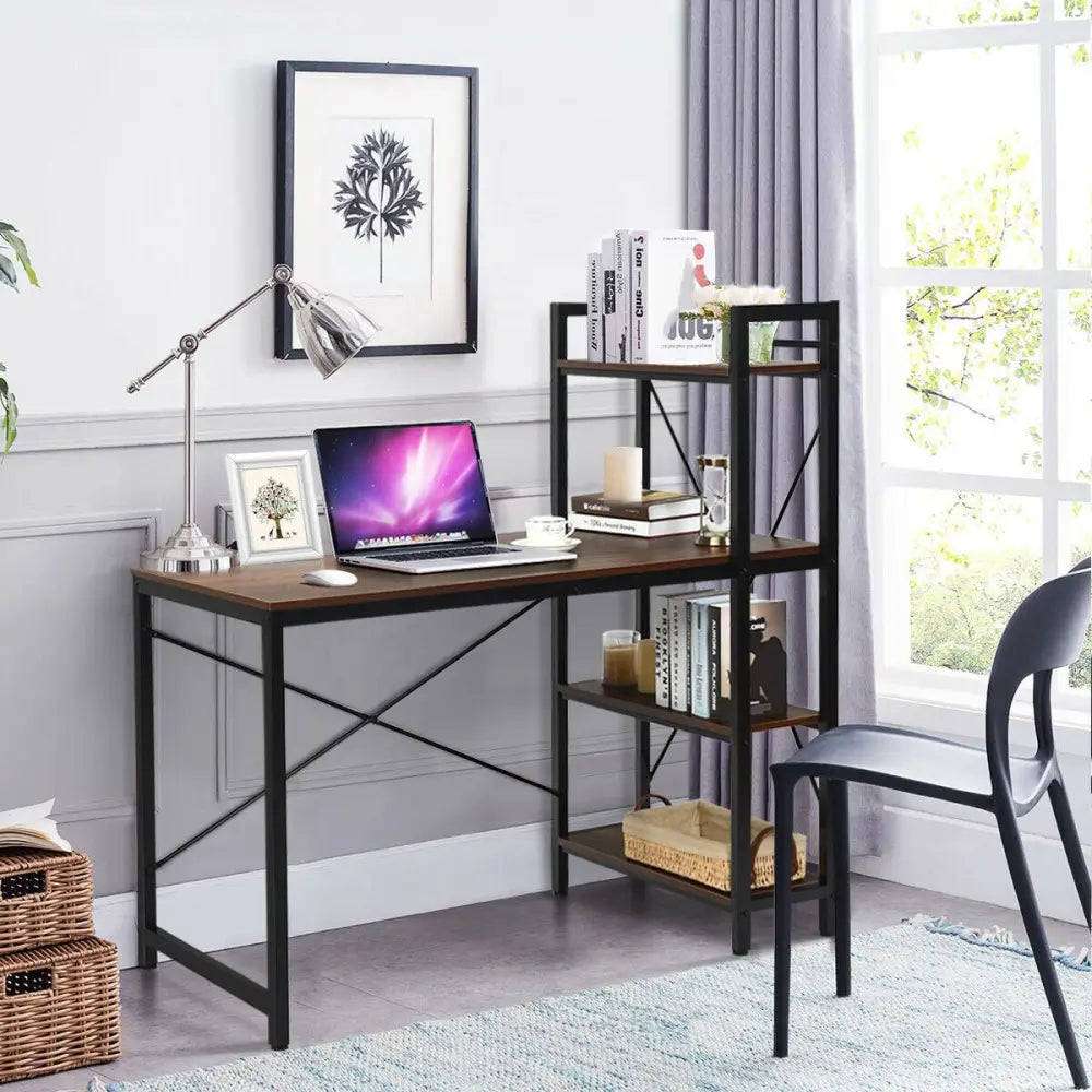47.5 Inch Writing Study Computer Desk with 4-Tier Shelves-Tan - Tan - Computer Desks