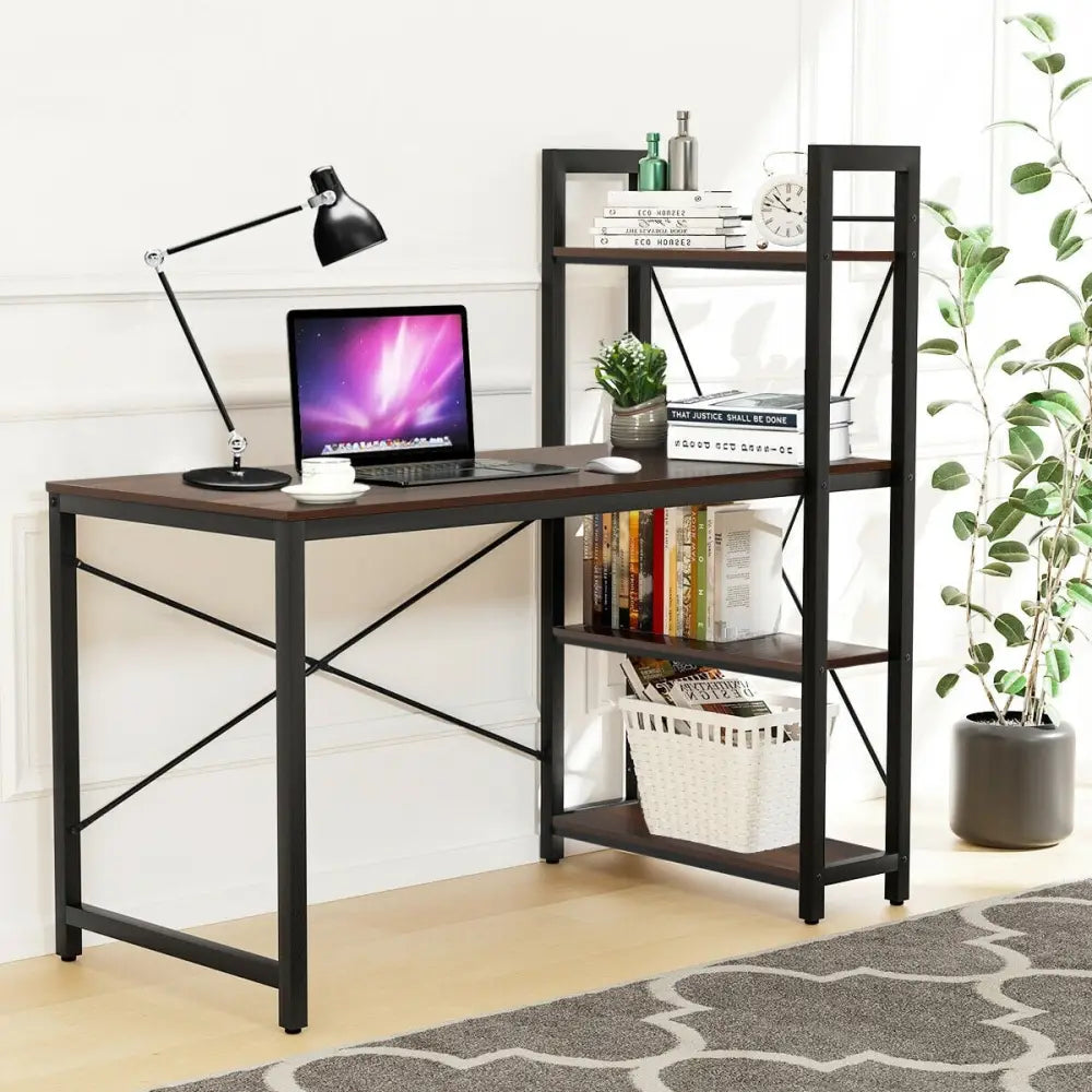 47.5 Inch Writing Study Computer Desk with 4-Tier Shelves-Tan - Tan - Computer Desks