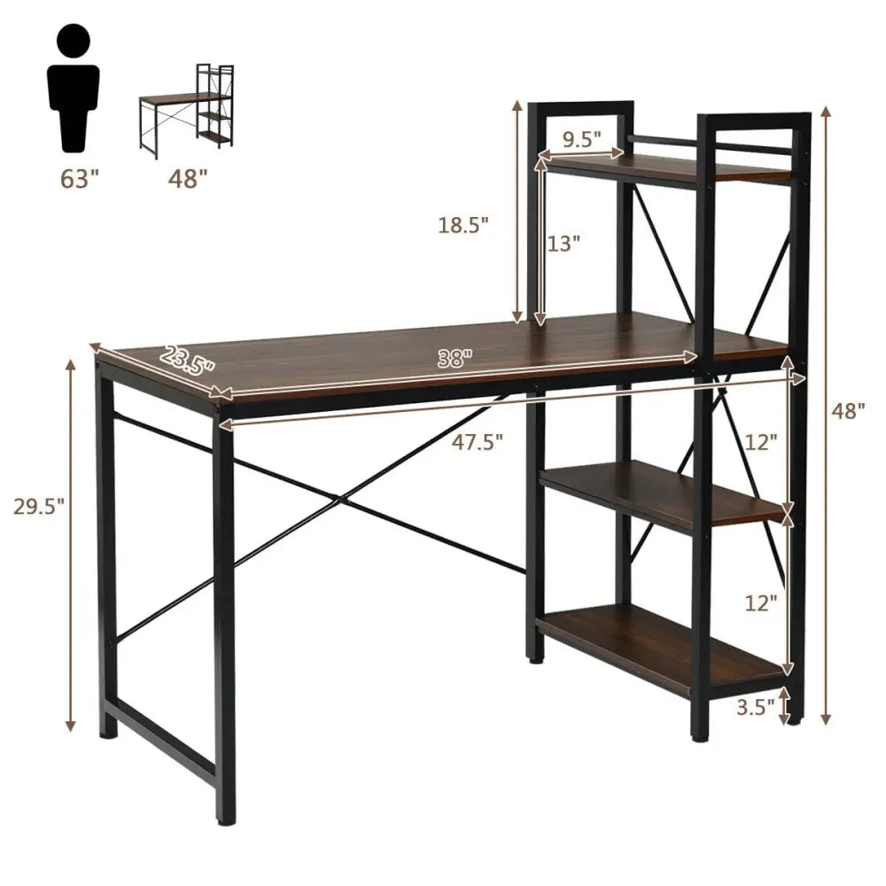 47.5 Inch Writing Study Computer Desk with 4-Tier Shelves-Tan - Tan - Computer Desks