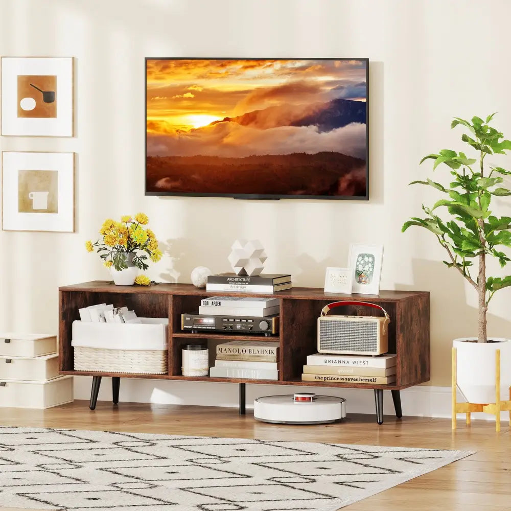 47.5 Inches TV Stand for 55-Inch TV with Compartments and Metal Legs-Rustic Brown - Rustic Brown - Entertainment