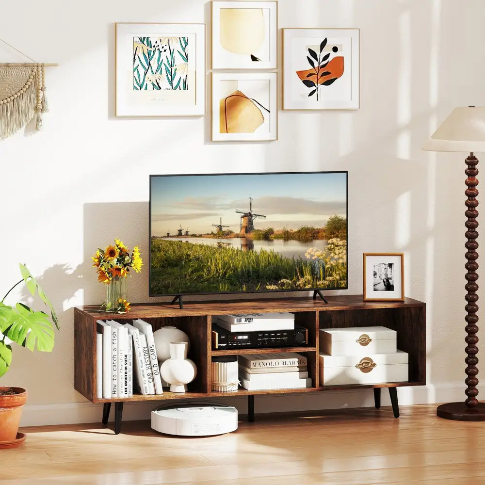 47.5 Inches TV Stand for 55-Inch TV with Compartments and Metal Legs-Rustic Brown - Rustic Brown - Entertainment