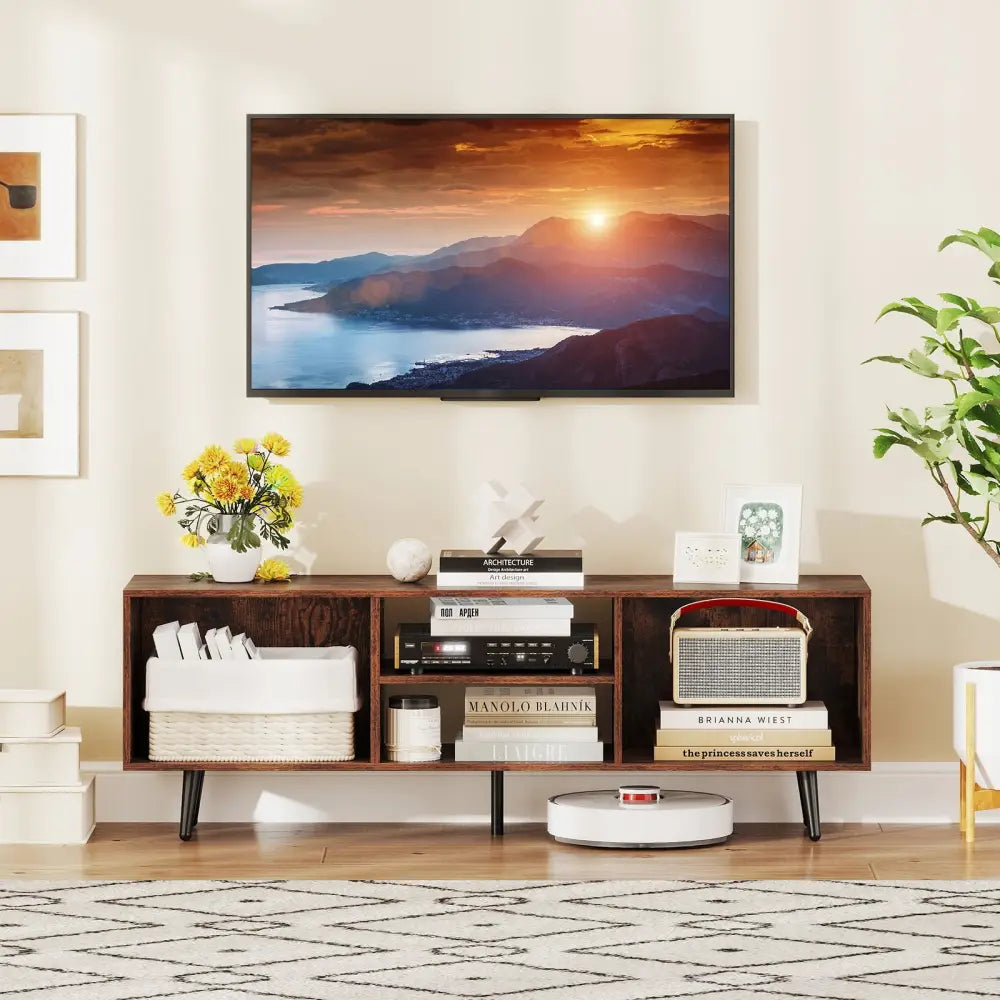 47.5 Inches TV Stand for 55-Inch TV with Compartments and Metal Legs-Rustic Brown - Rustic Brown - Entertainment
