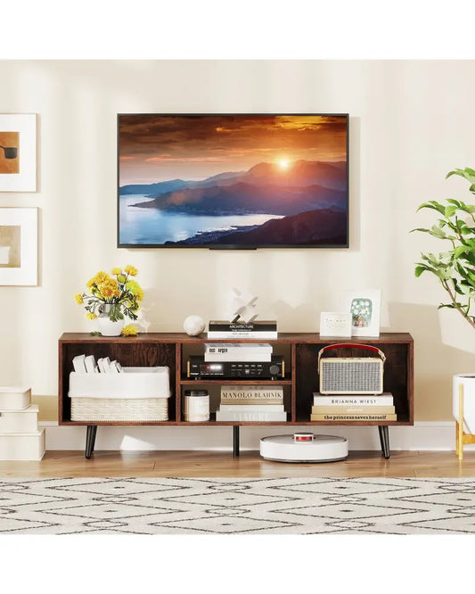 47.5 Inches TV Stand for 55-Inch TV with Compartments and Metal Legs-Rustic Brown - Rustic Brown - Entertainment