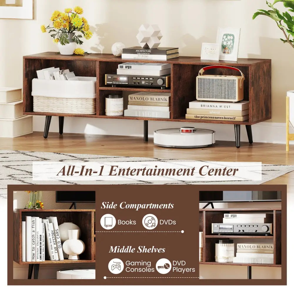 47.5 Inches TV Stand for 55-Inch TV with Compartments and Metal Legs-Rustic Brown - Rustic Brown - Entertainment