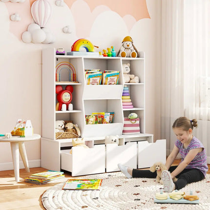 47’’ Children Bookcase Toy Storage Organizer Versatile Storage Cabinet-White - White - Kids Storage