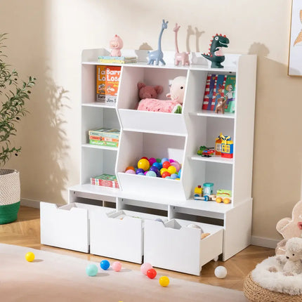 47’’ Children Bookcase Toy Storage Organizer Versatile Storage Cabinet-White - White - Kids Storage