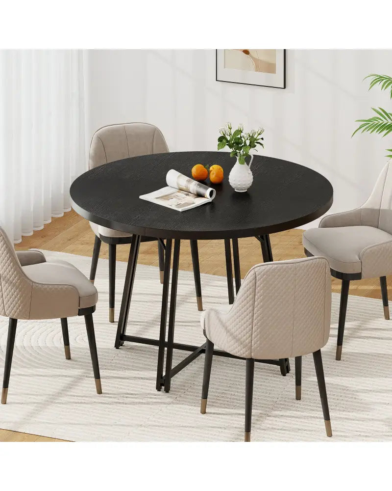 47 Inch Dining Table for 4-6 People Round Kitchen Table with Cross Base-Black - Black - Dining Tables
