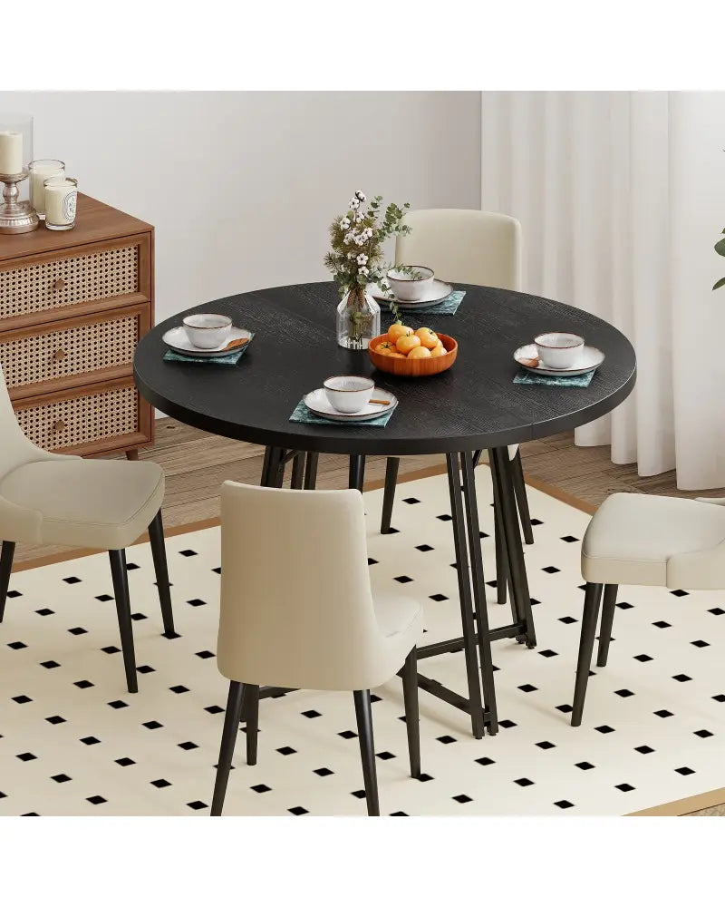 47 Inch Dining Table for 4-6 People Round Kitchen Table with Cross Base-Black - Black - Dining Tables