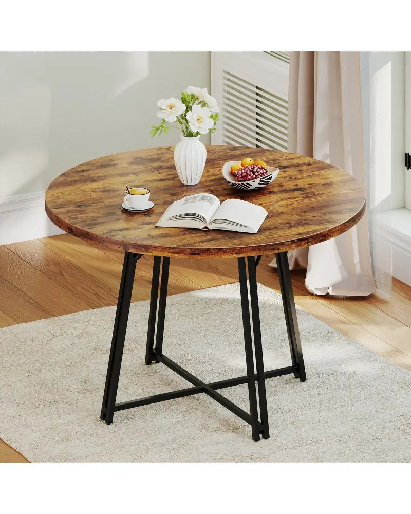 47 Inch Dining Table for 4-6 People Round Kitchen Table with Cross Base-Rustic Brown - Rustic Brown - Dining Tables