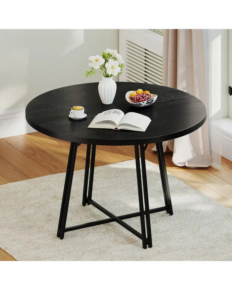 47 Inch Dining Table for 4-6 People Round Kitchen Table with Cross Base-Black - Black - Dining Tables