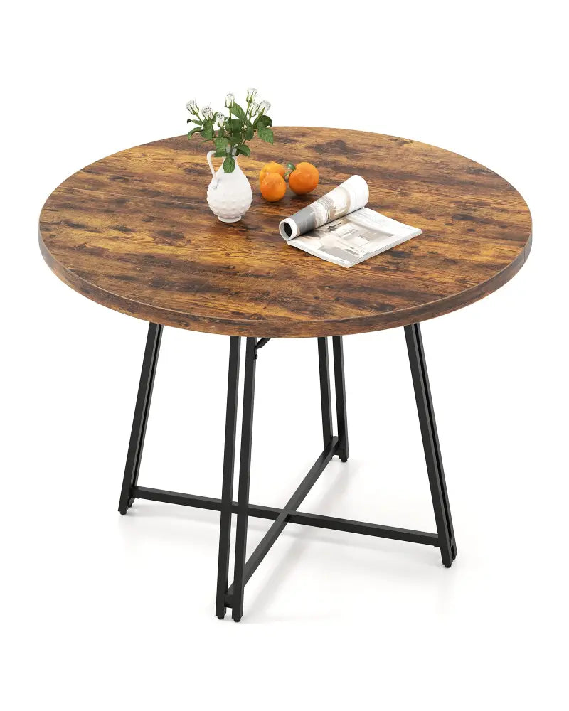 47 Inch Dining Table for 4-6 People Round Kitchen Table with Cross Base-Rustic Brown - Rustic Brown - Dining Tables