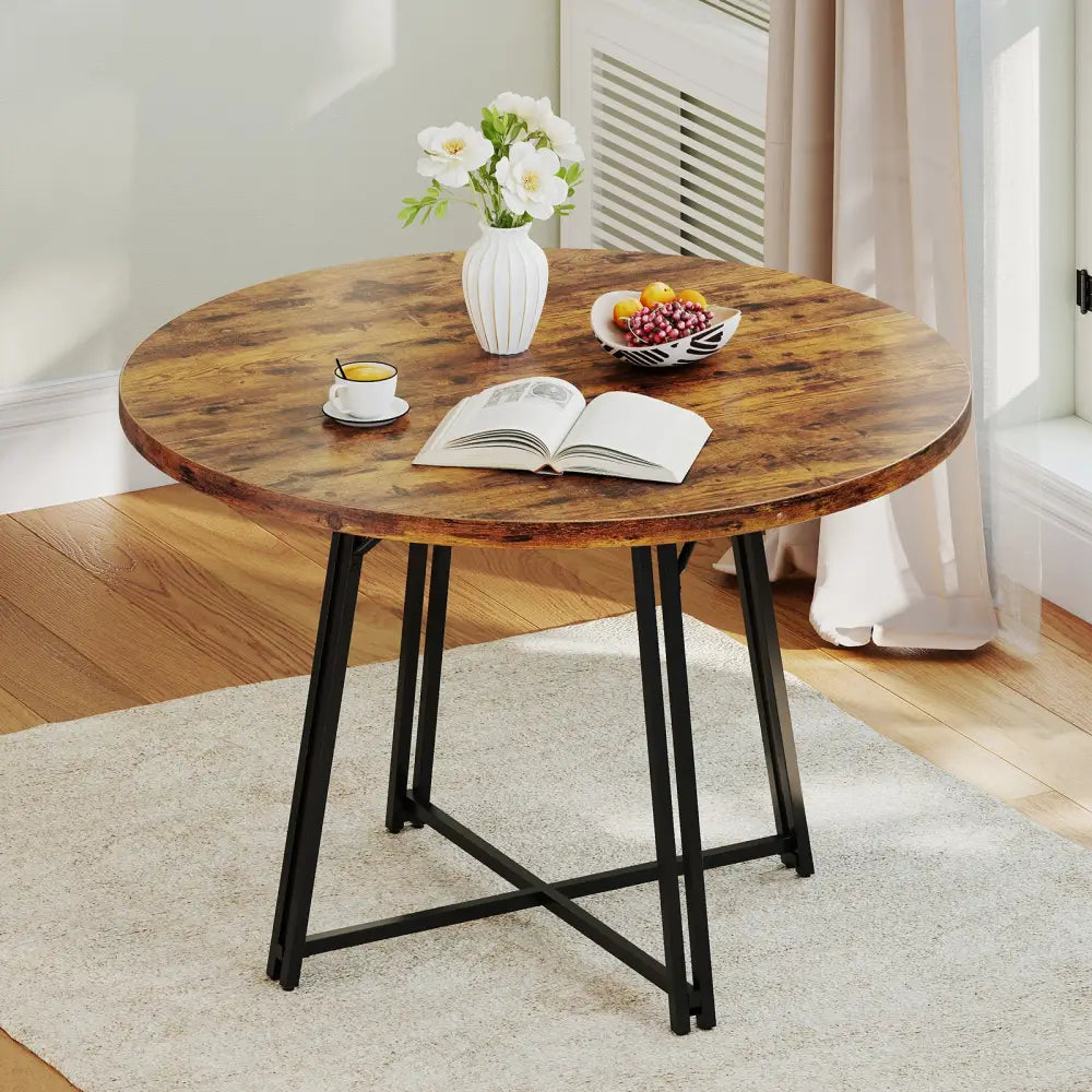 47 Inch Dining Table for 4-6 People Round Kitchen Table with Cross Base-Rustic Brown - Rustic Brown - Dining Tables