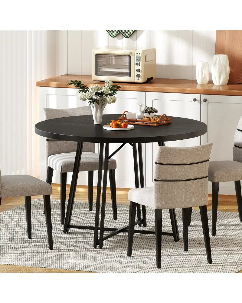 47 Inch Dining Table for 4-6 People Round Kitchen Table with Cross Base-Black - Black - Dining Tables