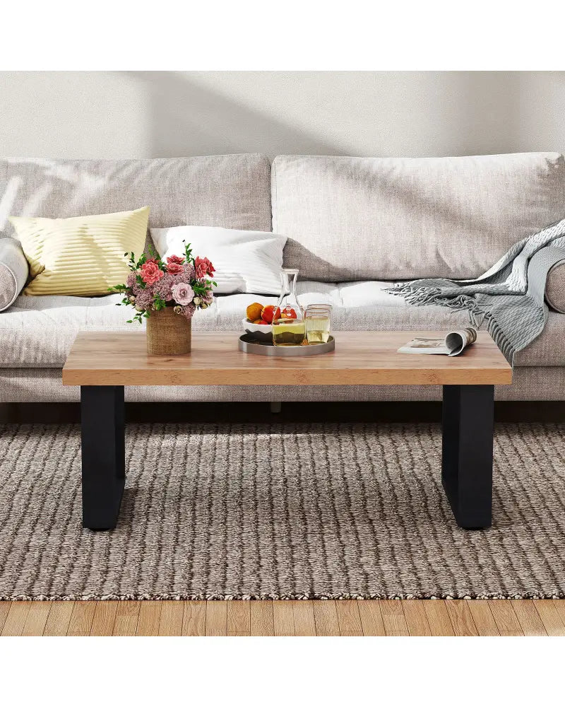 47 inch Farmhouse Style Rustic Coffee Table with Thickened Tabletop and Natural Wood Texture-Oak - Oak - Living Room