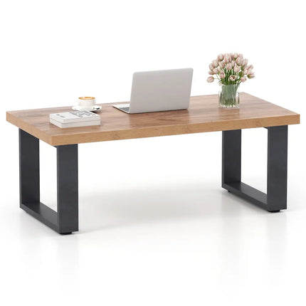 47 inch Farmhouse Style Rustic Coffee Table with Thickened Tabletop and Natural Wood Texture-Oak Costway