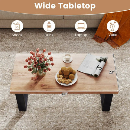 47 inch Farmhouse Style Rustic Coffee Table with Thickened Tabletop and Natural Wood Texture-Oak Costway