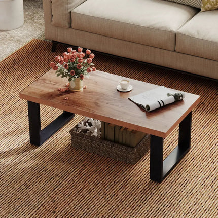 47 inch Farmhouse Style Rustic Coffee Table with Thickened Tabletop and Natural Wood Texture-Oak Costway