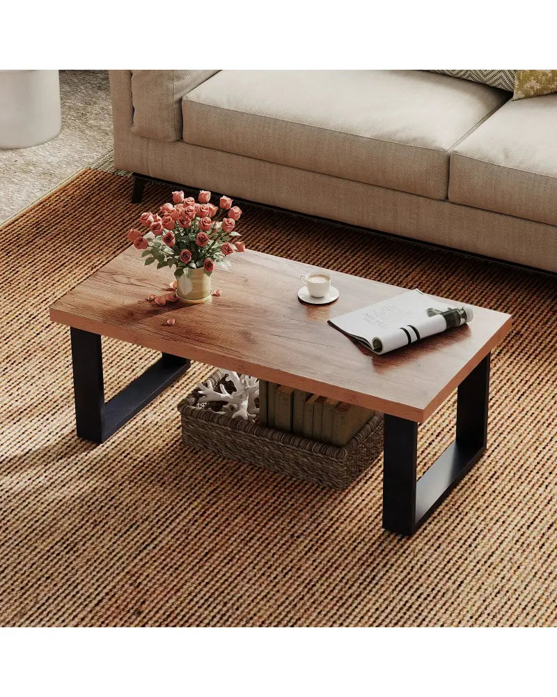 47 inch Farmhouse Style Rustic Coffee Table with Thickened Tabletop and Natural Wood Texture-Oak - Oak - Living Room
