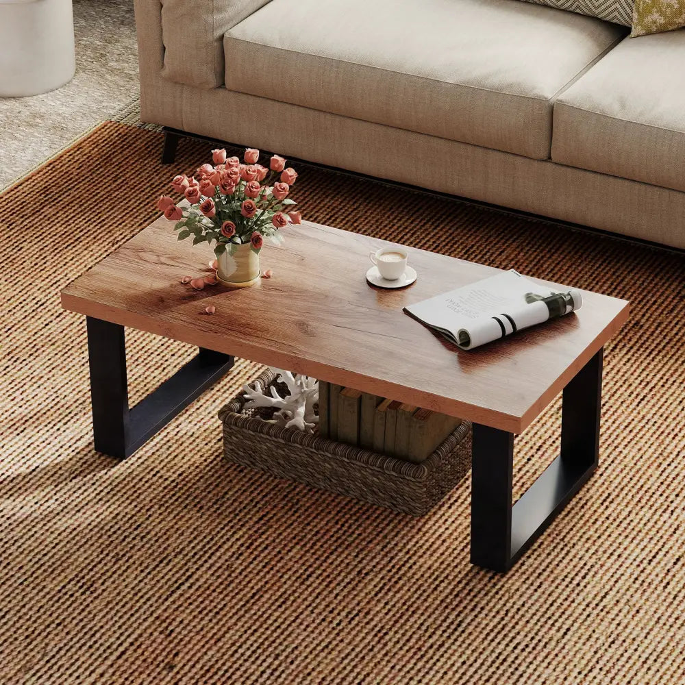 47 inch Farmhouse Style Rustic Coffee Table with Thickened Tabletop and Natural Wood Texture-Oak - Oak - Living Room
