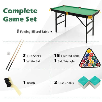 47 Inch Folding Billiard Table with Cues and Brush Chalk -Green - Green - Game Room