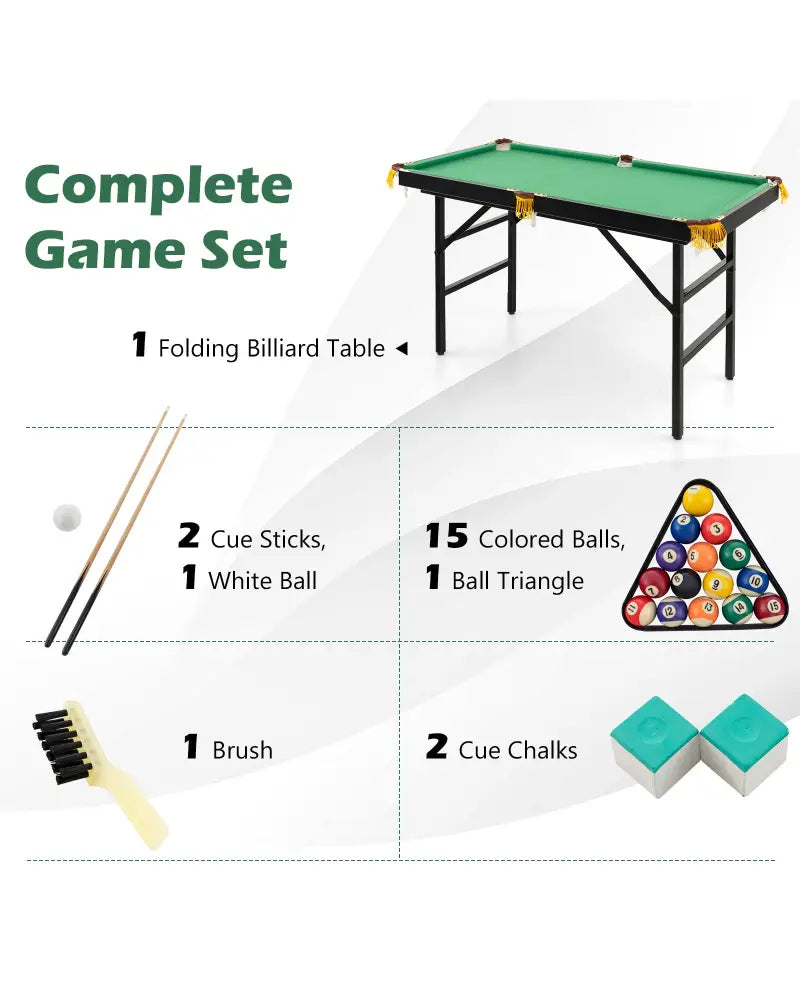 47 Inch Folding Billiard Table with Cues and Brush Chalk -Green - Green - Game Room