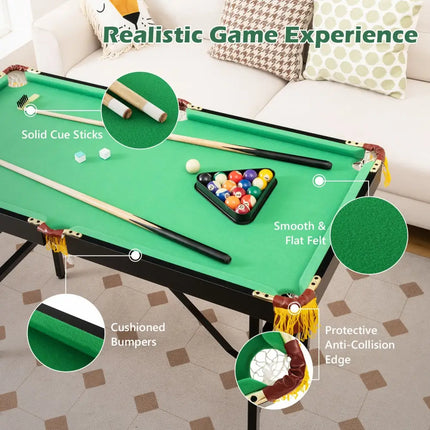 47 Inch Folding Billiard Table with Cues and Brush Chalk -Green - Green - Game Room