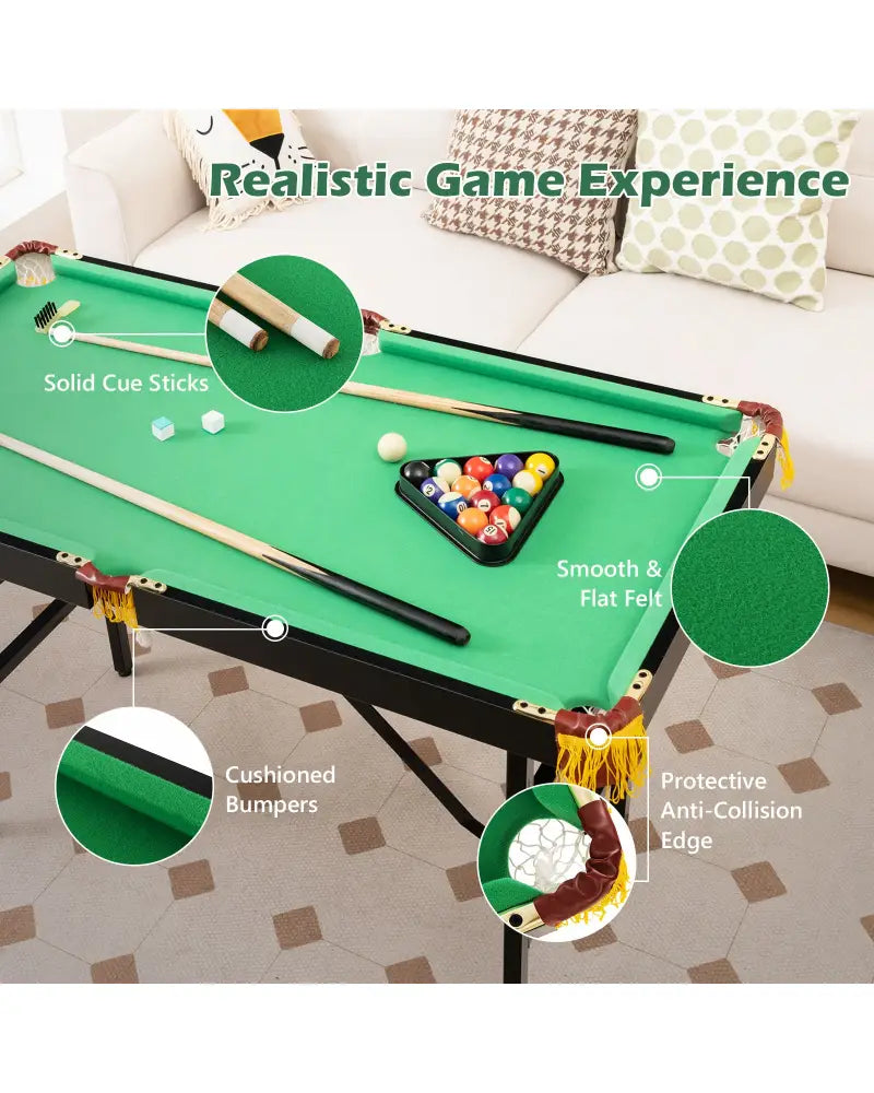 47 Inch Folding Billiard Table with Cues and Brush Chalk -Green - Green - Game Room